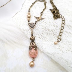Victorian Style Brass Bird Necklace Pink Acrylic Bead Gold Pearl Handmade Unique