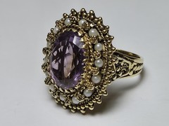 Vintage Signed 14k Yellow Gold Amethyst & Seed Pearl Ring Size 10