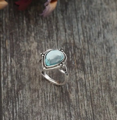 Vintage Inspired Silver Plated Ring Waterish Blue Green Gemstone Water Drop Sz9