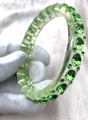 Vintage Art Deco Lucite & Rhinestone Bangle Bracelet Green Clear 8-1/4” IC