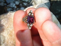 old antique 14K Rose Gold Victorian RING purple red gem Diamond Triads 3.75 2.6g