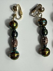 Vintage Iridescent Glass Bead Necklace Brown Green Matching Earrings