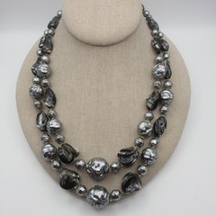 Vintage Hong Kong Necklace Beaded Black Gray Double Strand 23 Inch