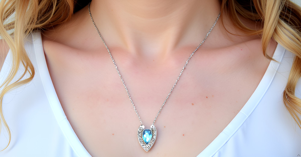 14K White Gold Blue Aquamarine Diamond Artistic Pendant Necklace, 18 Inch Chain
