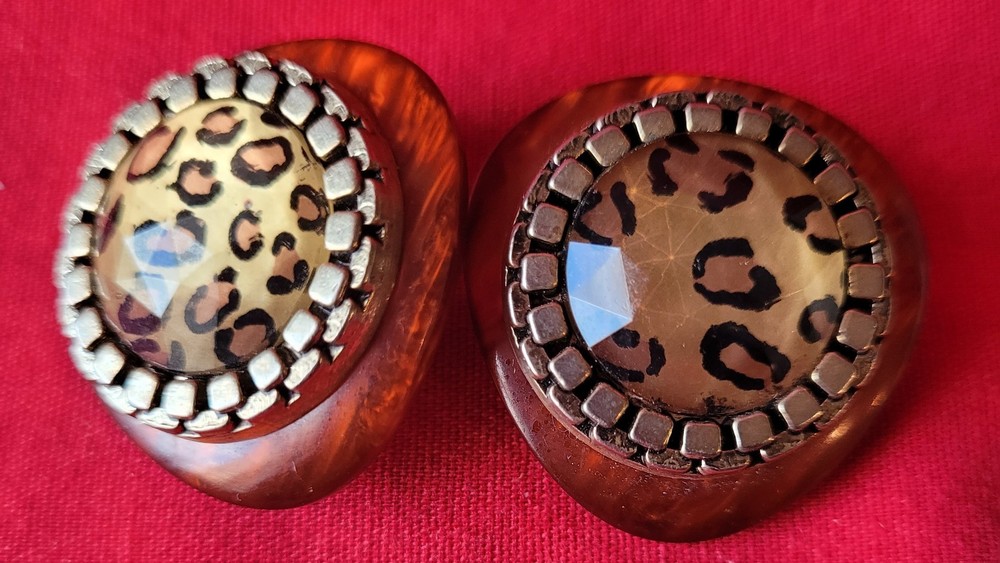 Vintage 80’s Leopard Acrylic ? Resin Topaz Gem STATEMENT Clip Earrings