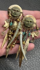 Tabra Gold Filled Man in Moon Face Turquoise Dangle Earrings Boho Celestial