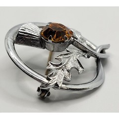 Scottish Thistle Brooch Kilt Shawl Pin Silvertone Orange Rhinestone Vintage