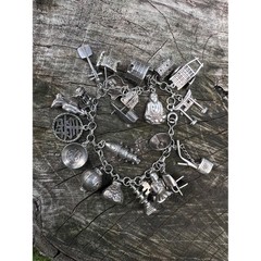 VTG 925 Sterling Silver Asian Theme 3D Articulated Overloaded 22 Charms Bracelet