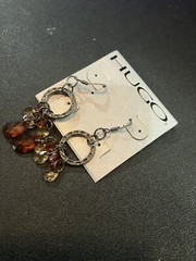 Vtg Earrings Golden Brown Amber Glass Dangle Hoops Teardrop Faceted DWK Jewelry