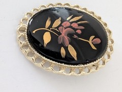 Vintage Black Oval Gold Tone Pendant Pin Pink Flowers Leaves Brooch Gift For Her