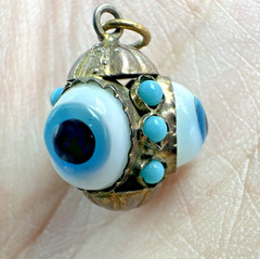 Vtg Victorian? Triple Evil Eye Blown Glass Gilted Brass Pendant Good Luck Amulet
