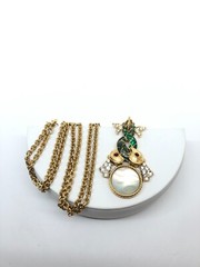 Vtg Trifari TM Double Fish Necklace Green Enamel Gold tone Faux Mabe Pearl 32”