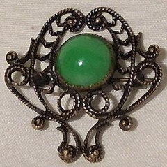 Antique Czech? Bronze Tone Filigree Green Glass Stone C Clasp Estate Sale Read