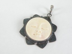 Vintage Sterling Silver 925 Large Carved Sun Moon Face Pendant