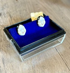 Toshikane Porcelain Geisha Mask Face Earrings Gold Posts, Original Box Japan