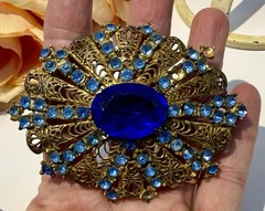 Vintage Antique Czech Gilt Filigree Cobalt Blue Glass Brooch Pin-Estate