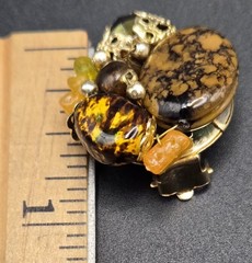 Vintage HONG KONG Clip On Earrings Amber Glass Stone Cluster Gold Tone
