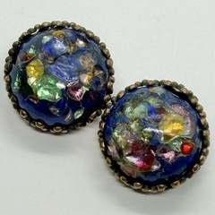 Vtg Old Confetti Glass Blue Foil Cabochon Brass Huggie Chunky Earrings Clip-on