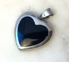 Heart Pendant Black Onyx Signed 925 Big Chunky Vintage Sterling Silver Charm
