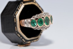 Antique 14k Gold Top Silver Natural Rose Cut Diamond And Emerald Ring