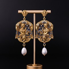 Vintage French Oil Painting Pearl Dangle Drop Earrings Court Gold Statement Gift