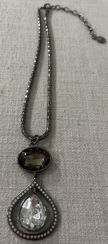 Vintage RJ Graziano Gunmetal Teardrop Pendant Necklace Rhinestone Statement