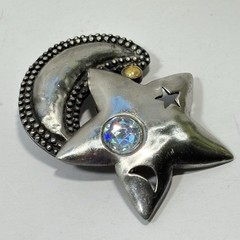 Vintage J.J Jonette Pewter Star Crescent Moon Pin Crystals Pierced Celestial 2″