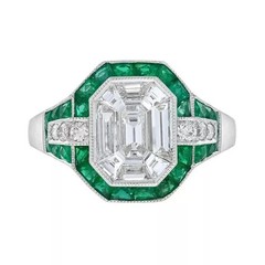 3Ct Art Deco Vintage Lab Created Diamond & Emerald 14K White Gold Plated Ring