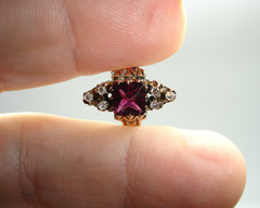 old antique 14K Rose Gold Victorian RING purple red gem Diamond Triads 3.75 2.6g