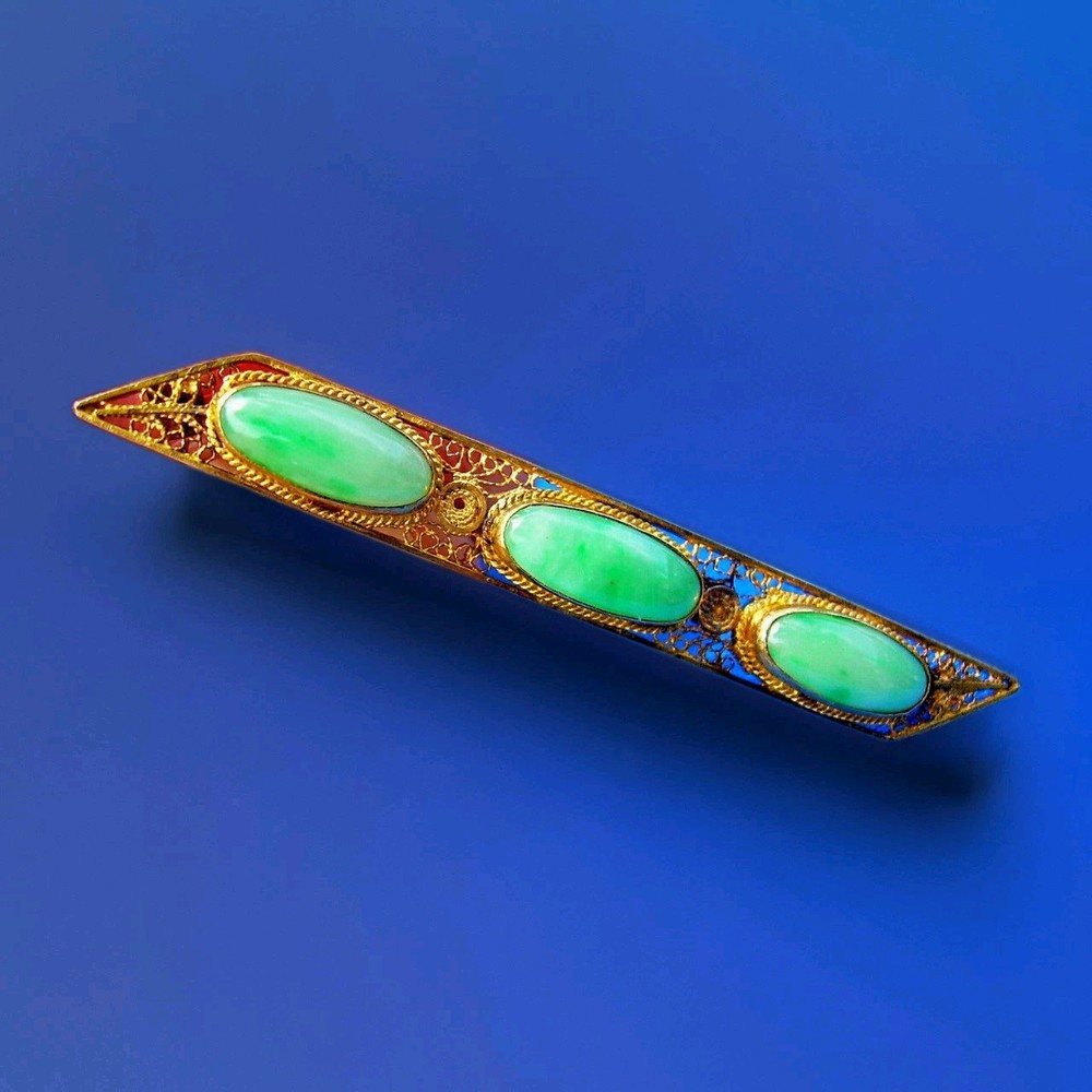 Original EARTH MINED JADE Antique Art Deco Brooch Vintage SOLID 14K GOLD Bar Pin