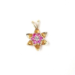14K Solid Yellow White Gold Ruby Diamond Flower Pendant Necklace, Lab Ruby