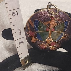 Vintage Cloisonne Butterfly Pendant Purple Floral Gold Tone Round