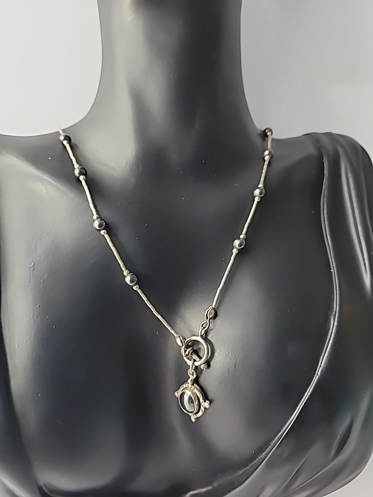Vintage Silver Tone Hematite Pendant Necklace Bar Beaded Toggle Jewelry