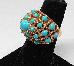 Vintage Crown Trifari Gold Tone Turquoise Dome Adjustable Statement Ring