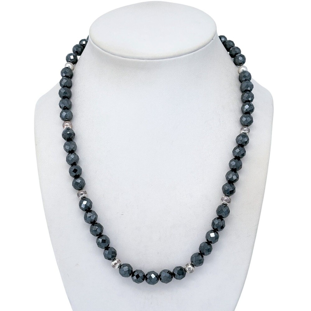 Vintage Hematite Sterling Silver 925 Beaded Necklace 16″-18.5″