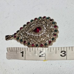 Vintage Teardrop Pendant Red Green Clear Stones Gold Tone Filigree Design Women