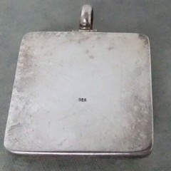 Large Square Hammered 925 Sterling Silver Pendant With Green Cabochon Setting