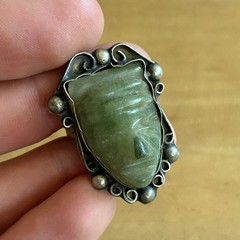 Vintage Antique 50s Silver Tone Metal Mayan Green Onyx Bracelet And Ring Set