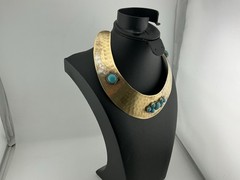 Vtg 1976 Torque Necklace One Owner Hammered BrassT Blue Clusters Approx 15”