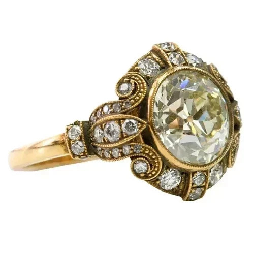 4CT Vintage Old Mine Round Bezel Lab Created Diamond Ring 14K Yellow Gold Finish