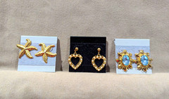3 Pairs Pierced Earrings Gold Tone w/ Faux Stone, Metal Starfish, Heart Dangle