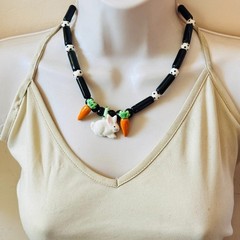 VTG Flying Colors white Rabbit Carrot necklace signed Ceramic Beads Artisan Fun