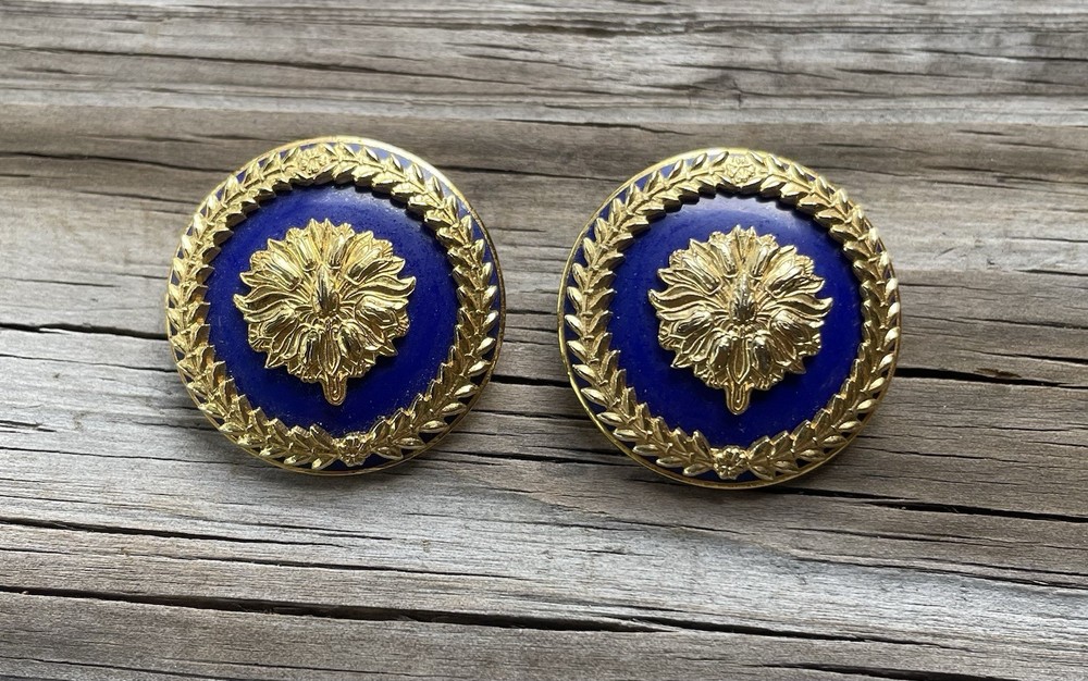 Vintage MMA Earrings Gold Tone Blue Enamel Statement 1989 80s 1980s Unique Gift