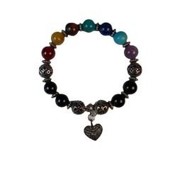 Vintage 7 Chakra Gemstone Beaded Bracelet Silver Filigree Heart Charm Onyx Boho