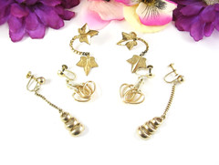 DANGLE GOLDTONE 3 Vintage Pairs EARRINGS Screwbacks Ivy Leaves Ovals 2 5/8″