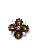 Vintage Czech Red and Green Rhinestone Brooch