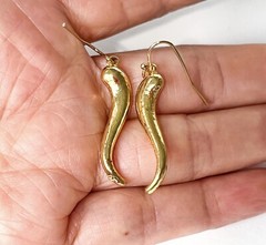 Horn Earrings Cornicello Drop Dangle Hook Yellow Gold Plated Estate VTG NOS