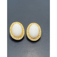 White Milk Glass Vintage Oval Cabochon Clip Earrings Rhinestone Halo GoldTone