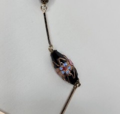 Vintage Venetian Glass Beaded Necklace Black Pink Blue Lampwork Beads Gold Tone