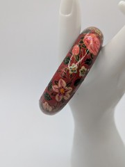 Vintage Russian Style Folk Art Hand Painted Floral Bangle Bracelet Red Laquer